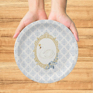 Elegante Blaue und Goldene Damast-Brautparty Pappteller