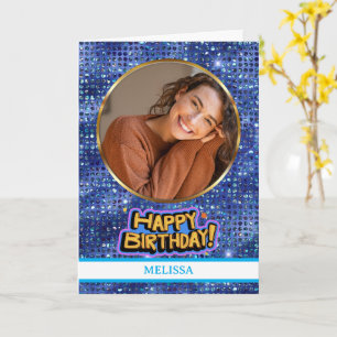 Elegante blaue und goldene Glitter-Foto-Name-Birth Karte