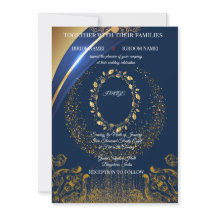 Elegante blaue und goldene Hochzeitseinladung mit 