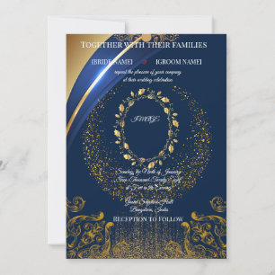 Elegante blaue und goldene Hochzeitseinladung mit  Einladung