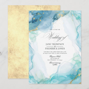 Elegante blaue und goldene Marmor-Tinten-Hochzeit Einladung