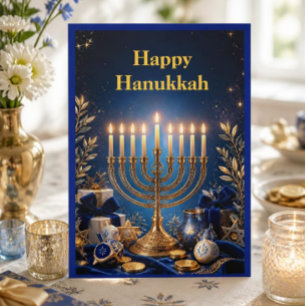 Elegante blaue und goldene Menora Chanukka Feiertagskarte