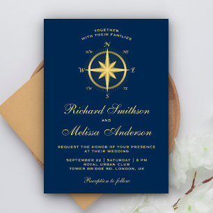 Elegante blaue und goldene nautische Kompass-Hochz Einladung