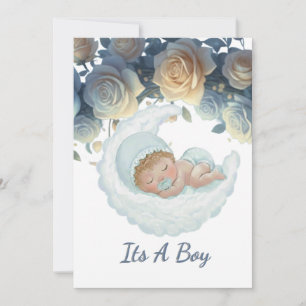Elegante blaue und goldene Rosen-Jungen-Baby-Party Einladung