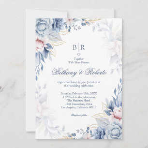 Elegante blaue und goldene Wasserfarben-Blumenhoch Einladung