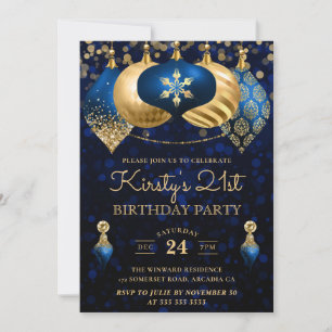 Elegante blaue und goldene Winter-Weihnachtskugeln Einladung