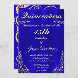 Elegante Blaue und Goldtypografie Quinceañera Einladung
