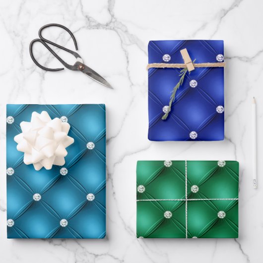 Elegante blaue und grüne Diamant gepolsterte Muste Geschenkpapier Set (Vorderseite)
