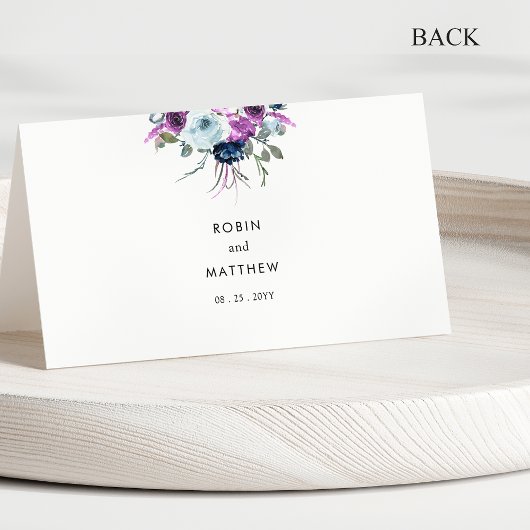 Elegante blaue und Lila blumengeschmückte Hochzeit Platzkarte