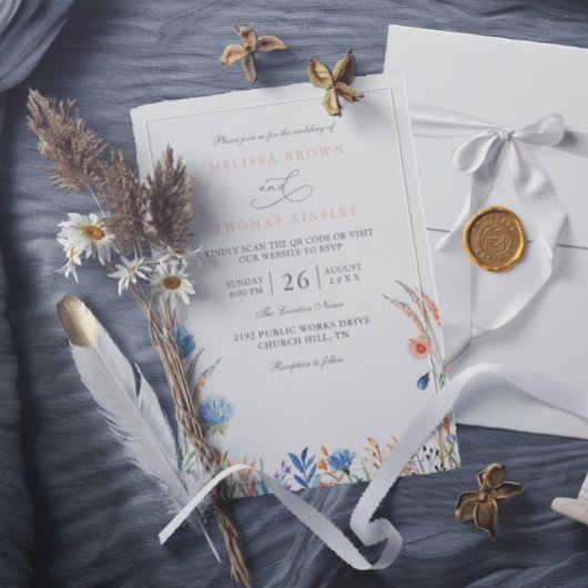 Elegante blaue und orange wilde Blumen QR-Code-Hoc Einladung