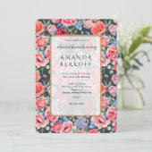 Elegante blaue und rote Blumen Brautparty  Einladung (Stehend Vorderseite)