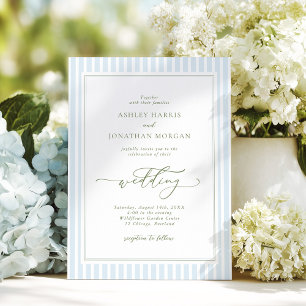 Elegante blaue und salbeigrüne gestreifte Hochzeit Einladung