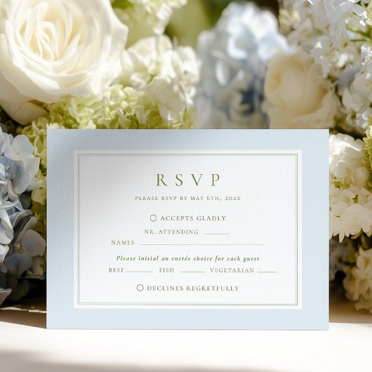 Elegante blaue und salbeigrüne Hochzeit RSVP Karte