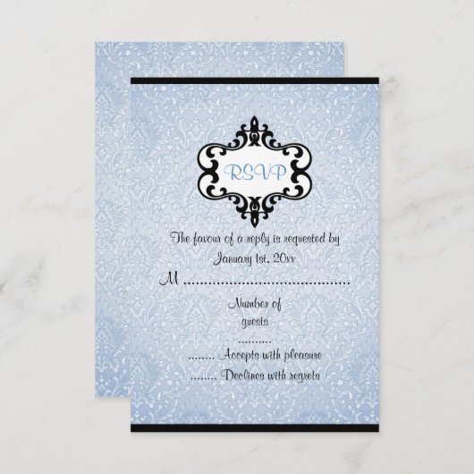Elegante, blaue und schwarz-schicke Damaskus-RSVP- RSVP Karte (Vorne/Hinten)