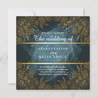 Elegante blaue und schwarze Hochzeit Einladung