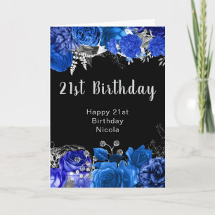 Elegante blaue und silberne Blumen Geburtstagsfeie Karte