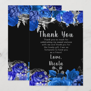 Elegante blaue und silberne Blumen Sweet Sixteen Dankeskarte