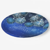 Elegante blaue und silberne Weihnachtskugeln Pappteller (Schrägansicht)