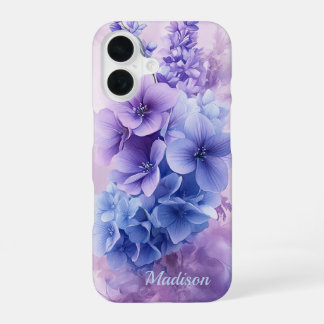 Elegante blaue und violette Blumen iPhone 16 Hülle