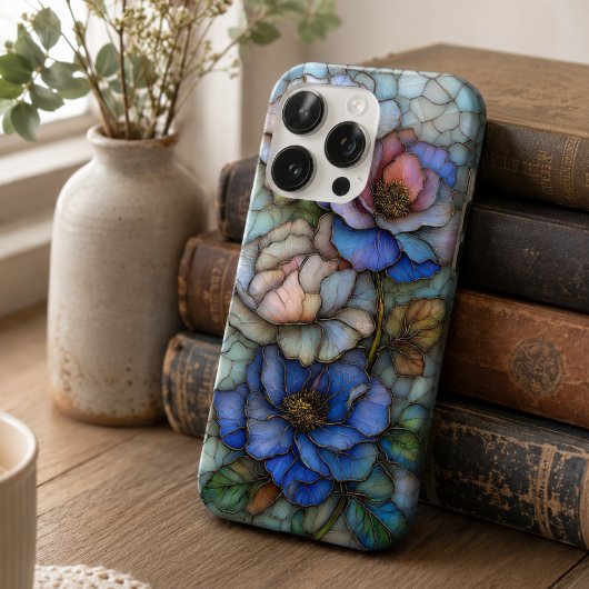 Elegante blaue und violette Glasblumen iPhone Hülle