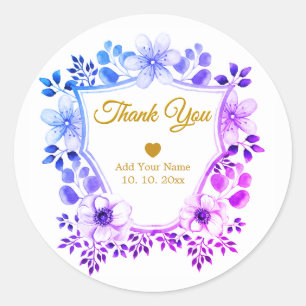 Elegante blaue und violette Wasserfarben-Blumen Da Runder Aufkleber