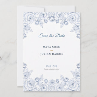 Elegante blaue und weiße Chinoiserie-Blumenhochzei Save The Date