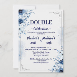 Elegante blaue und weiße florale gemeinsame Geburt Einladung