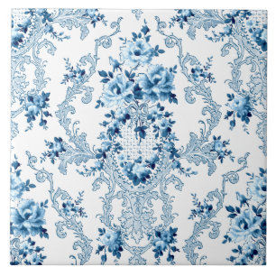 Elegante blaue und weiße französische Rokoko-Blume Fliese