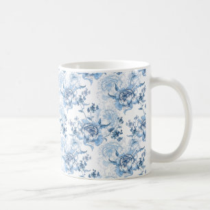 Elegante blaue und weiße gravierte Pfingstrosen Kaffeetasse