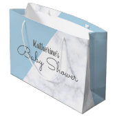 Elegante blaue und weiße MarmorPastellBabyparty Große Geschenktüte (Rückseite Schrägansicht)