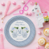 Elegante blaue und weiße Monogramm-Blumenspulendus Pappteller (Party)