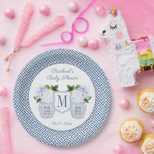 Elegante blaue und weiße Monogramm-Blumenspulendus Pappteller (Party)