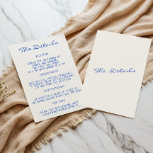 Elegante blaue und weiße Schrift Hochzeitsdetails