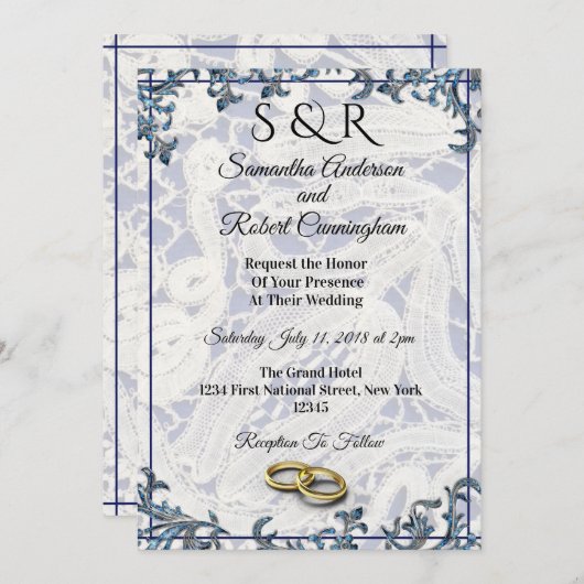 Elegante blaue und weiße Spitzen mit Rings - Einladung (Vorne/Hinten)