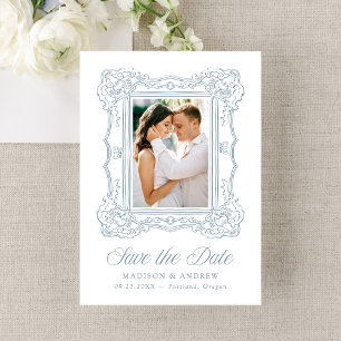 Elegante blaue verzierte Rahmen-Foto-Hochzeit Save The Date