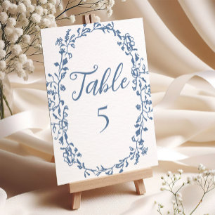 Elegante blaue Vintage-Blumenhochzeit Tischnummer