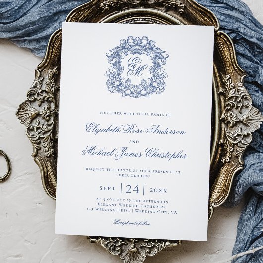 Elegante blaue Vintage-Monogramm-Wappen-Hochzeit Einladung