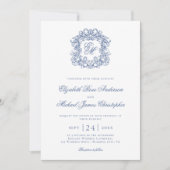Elegante blaue Vintage-Monogramm-Wappen-Hochzeit Einladung (Vorderseite)