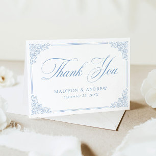 Elegante blaue Vintage-Verzierungsrahmen-Hochzeit Dankeskarte