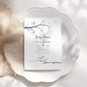 Elegante Blaue Vogel- und Kirschblüten-Baby-Party Einladung