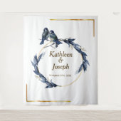 Elegante, blaue Vögel, weißer Hochzeitshintergrund Wandteppich (Vorderseite)