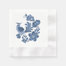Elegante blaue Volkskunst Vogel- und Blumendekorat