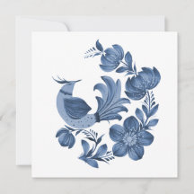 Elegante blaue Volkskunst Vogel- und Blumengrußkar
