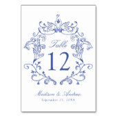 Elegante Blaue Wappen-Hochzeit Tischnummer (Vorderseite)