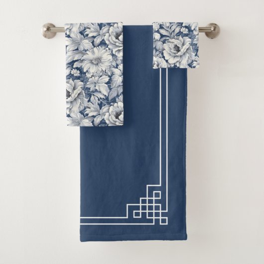Elegante Blaue Wasserfarbe Botanische Blume Badhandtuch Set (Insitu)