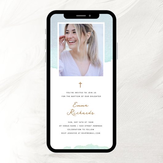 Elegante Blaue Wasserfarbe und Foto Taufe Einladung