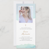 Elegante Blaue Wasserfarbe und Foto Taufe Einladung (Vorderseite)