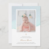 Elegante Blaue Wasserfarbe und Foto Taufe Einladung (Vorderseite)