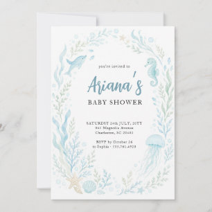 Elegante Blaue Wasserfarbe Unterwasser-Baby-Party Einladung