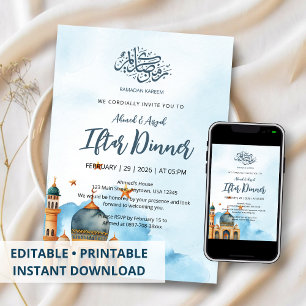 Elegante Blaue Wasserfarben-Moschee-Ramadan-Iftar Einladung